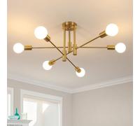 Lampadario da Soffitto Vintage, 6 Luci Portalampada E27 Lampada a Sospensione Regolabile di 180°, Plafoniera Industriale in Oro per Soggiorno Camera da Letto Cucina, Lampadine non incluse