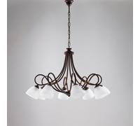 Lampadario Dallas in ferro laccato nero con decorazione ruggine e vetri alabastro bianchi 8 luci, altezza 55 Cm, Cavo allungabile fino a 115 Cm, larghezza 81 Cm Nero
