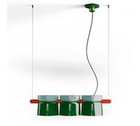 Lampadario Decò Yakitori Ceramica Azzurro Verde Bali Metallo Rosso 3 Luci E27