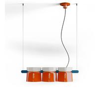 Lampadario Decò Yakitori Ceramica Bianco Arancio Volpe Metallo Blu 3 Luci E27