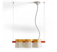 Lampadario Decò Yakitori Ceramica Giallo Crema Metallo Rosso 3 Luci E27