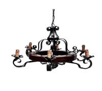 Lampadario ferro Battuto e legno 6 luci 74x74xh42cm -Peso 9 kg interno esterno, colore legno con ricci in ferro battuto