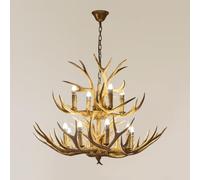 Lampadario Grande in Resina a 2 Livelli con 12 luci, Stile Rustico, in Corno di Cervo, Lampada a Sospensione Vintage in Stile Candela, Finto Corno di Cervo, Lampada da soffitto - Marrone