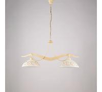 Lampadario in ferro laccato avorio con decorazione effetto decapè e diffusori in vetro diametro 30 bianchi e ambra 2 luci