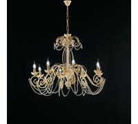 Lampadario in ferro laccato avorio con decorazione effetto decapè e rifiniture oro antico con strass in cristallo 8 luci