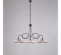 Lampadario in ferro laccato nero e decorazione effetto ruggine con diffusori in ceramica diametro 30 decorato a mano bianco e marrone 3 luci