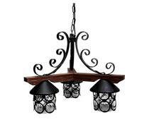 Lampadario in legno e ferro Battuto 3 Lampade 57xh52 cm da appendere con catena nero