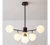 Lampadario in Vetro di metà secolo - Lampada a Sospensione Regolabile in Altezza con globi in Vetro per Soggiorno, Sala da Pranzo, Camera da Letto, Cucina - Design in Metallo Nero (Vetro Bianco a