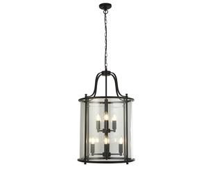Lampadario Industrial Lantern Acciaio Nero Vetro Trasparente 8 Luci E14