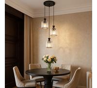 Lampadario Lampada da Cucina 3 Fiamma Nero Cristalli LED H 120 CM
