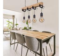 Lampadario Lampada In Legno A Barra Naturale 4-Fiamme Nera E27 Vintage