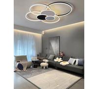 Lampadario LED dimmerabile a 7 anelli-Plafoniera moderna in metallo e acrilico con telecomando luminosità regolabile per il soggiorno la camera la sala da pranzo e l'ufficio (Bianco nero, 100cm)
