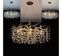 Lampadario Moderno in Cristallo A Forma Di Ramo Di Albero,Oro,Tre Livelli Di Dimmer,Lampada A Sospensione A LED,Goccia Di Pioggia, Lampadario Di Lusso in Cristallo Lineare Grande ,D'oro,100cm/39.3in