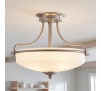 Lampadario Nickel Crema Vetro Antiriflesso 3xE27 Ø43,3 Cm Lampada Da Pranzo
