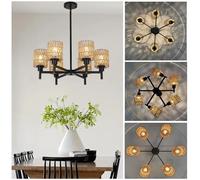 Lampadario Rattan da Soffitto Boho Grande, 6 Luci Lampadari Soggiorno Vintage Nero Campagna Regolabile in Altezza Ø 63cm Lampada a Sospensione Rustica E27 Retrò per Cucina Sala da Pranzo Cameretta