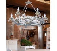 Lampadario ruota di carro ferro battuto legno e cristallo 6 luci modello fiore