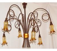 Lampadario rustico per salotto in ferro forgiato e vetro antico led G9 art.155