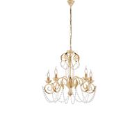Lampadario Shabby Damasco 5 Luci Ferro Battuto Avorio E Oro Con Cristalli