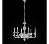 Lampadario Shabby in Legno Bianco 6 Luci, H70 - MAX 130 - Ø74 cm, Leonardo, 6xE14 - 42 Watt Max, Colore Bianco Shabby