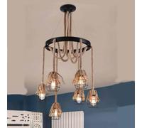 Lampadario sospensione con corde in canapa e cerchio metallo vintage attacco E27