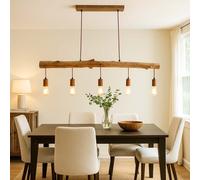 Lampadario Sospeso Lampada Da Tavolo In Legno 5 Fiamme Filamento LED H 140 CM