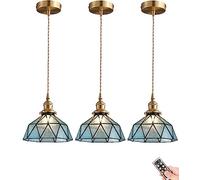 Lampadario Tiffany a Batteria con Telecomando, Lampada a Sospensione Senza Fili per Isola Cucina, Sala da Pranzo, corridoio, lampadario Decorativo per Interni in Vetro colorato Blu, Non cabl