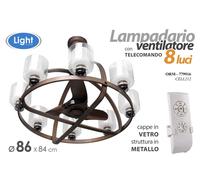 LAMPADARIO VENTILATORE METALLO 8 LUCI VETRO MODERNO COLOR RAME RUSTICO 8684cm