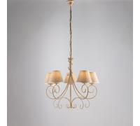 Lampadario Vienna in ferro laccato avorio con decorazione oro chiaro e paralumi in pvc effetto tessuto 5 luci, altezza 58 Cm, Cavo allungabile fino a 118 Cm, larghezza 60 Cm Avorio