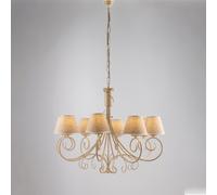 Lampadario Vienna in ferro laccato avorio con decorazione oro chiaro e paralumi in pvc effetto tessuto 8 luci, altezza 63 Cm, Cavo allungabile fino a 123 Cm, larghezza 78 Cm Avorio