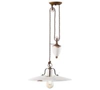 Lampadario Vintage Country Saliscendi Ferro E Ceramica Bianco 1 Luce E27