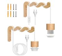 Lampade da parete bianche con interruttore e cavo da 5 m, 2 lampade da parete per interni con spina, E27 con supporti da parete in legno da 20 x 12 cm, per soggiorno, senza lampadina