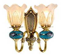 Lampade da parete, Lampada da parete a doppia testa, Lampada da parete europea in rame, Illuminazione da parete per soggiorno e camera da letto, Paralume in vetro a forma di fiore in ceramica creativ