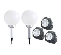 Lampade decorative da giardino effetto pietra, lampade solari da esterno per giardino, decorazioni LED per terrazze, lampade solari a sfera, plastica bianca e grigia, LED bianco caldo, set da 5 pezzi