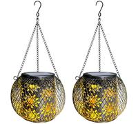 Lampade solari per esterni, 2 lanterne solari per esterni, batteria da 800 mAh, IP65, impermeabili, in metallo, da appendere, per esterni, giardino, per esterni, cortili, balconi, illuminazione