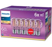Philips, pack de 6 ampoules E27 LED transparentes 60W, blanc chaud