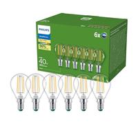 Lampadina LED Philips UltraEfficient, Confezione da 6, P45, E14, 485 Lumen, 40 W, Risparmio Energetico, EyeComfort, Lunga Durata, Luce Bianca Calda 2.700 K, Design Classico, Lampadina Trasparente
