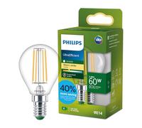 Lampadina LED Philips UltraEfficient Trasparente P45 a Filamento, Attacco E14 Piccolo Edison, Classe Energetica A, 806 lm, Equivalente 60W, Bianco Caldo (2700K), 50.000 ore, Pacco da 1