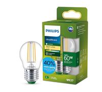 Lampadina LED Philips UltraEfficient Trasparente P45 a Filamento, Attacco E27 Edison, Classe Energetica A, 806 lm, Equivalente 60W, Bianco Caldo (2700K), 50.000 ore, Pacco da 1