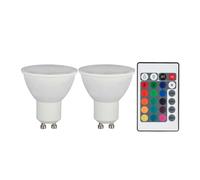Lampadine LED RGB GU10 dimmerabili con telecomando con cambio colore, 4,8 watt 420 lumen 3000K bianco caldo, PxH 4,5x8,8 cm, set da 2