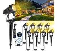 LAMPELIP Faretti da Giardino, 8 Pezzi/14M Faretti da Esterno Giardino con Funzione di Timer e Sensore di Luce, 3000K Bianco 12V IP65 Impermeabile, Illuminazione Giardino per Sentiero, Patio, Alberi