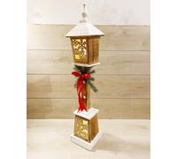 Lampione In Legno Natalizio 82cm Luci LED Bianco Caldo Con Fiocco Rosso