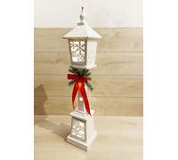 Lampione In Legno Natalizio Bianco 82cm Luci LED Bianco Caldo Con Fiocco Rosso