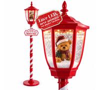 Lampione Natalizio Rosso 180 cm con Neve, Luce LED e Musica, 2 Varianti Babbo Natale o Orsetto, Effetto Palla di Vetro, Addobbo di Natale da Terra