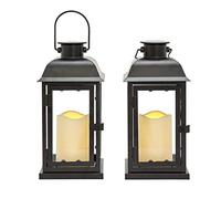 LampLust Lanterna a energia solare per esterni con candela a LED senza fiamma, altezza 28 cm, set di 2, impermeabile, in metallo nero, da appendere, lampada decorativa per veranda, pavimento o patio,