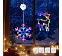 Lamptobe 2Pcs Led Luci Natale Finestrai - Multicolore Renna, Fiocco di Neve Finestra Luci con Ventosa, Timer Funzione e 2 Modalità per Parete Porta Vetro Decorazione