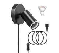 Lamptobe Lampada da Parete con Spina e Interruttore, Faretto GU10 Rotante a 350° con Cavo da 1,6 m, per Soggiorno, Camera da Letto, Ristorante, Pub, Lampadina da 5W Inclusa, 1 Confezione, Nera