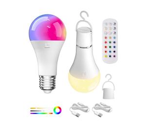 Lamptobe Lampadina Ricaricabile USB con Telecomando, 12 RGB+3 Temperature di Colore, E27 Lampadina Intelligente RGB, Dimmerabile LED a Batteria con Funzione di Timer, Lampadina Colorata, 2 Pezzi