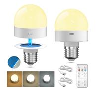 Lamptobe Lampadina Ricaricabile USB con Telecomando, 3 Temperature di Colore Dimmerabile Lampadine LED E27, Lampadina a Batteria, Base Staccabile, con Magnetica, Timer per Lampade Non Cablate 2 Pezzi