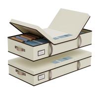 LAMU 2 Pezzi Contenitore Sottoletto, Scatole Portaoggetti Pieghevole Sotto il Letto con Coperchio e Maniglie, Impilabili, Utilizzato per Riporre Vestiti, Trapunte, Coperte, 80x40x15cm, Beige