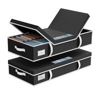 LAMU 2 Pezzi Contenitore Sottoletto, Scatole Portaoggetti Pieghevole Sotto il Letto con Coperchio e Maniglie, Impilabili, Utilizzato per Riporre Vestiti, Trapunte, Coperte, 80x40x15cm, Nero
